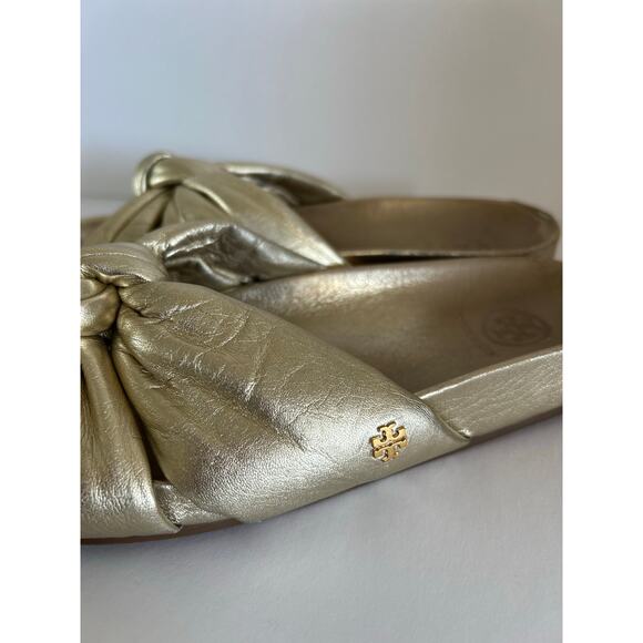Tory Burch Logo Gold Puffy Knotted Slides Cloud Sandals Womens Shoes 8.5 - Picture 5 of 13